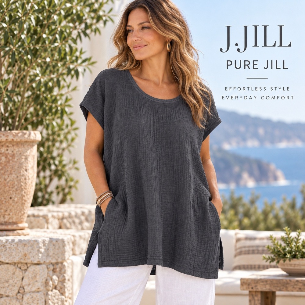 J.Jill Pure Jill Organic Cotton Gauze Tunic Top Charcoal Gray L WTP222841